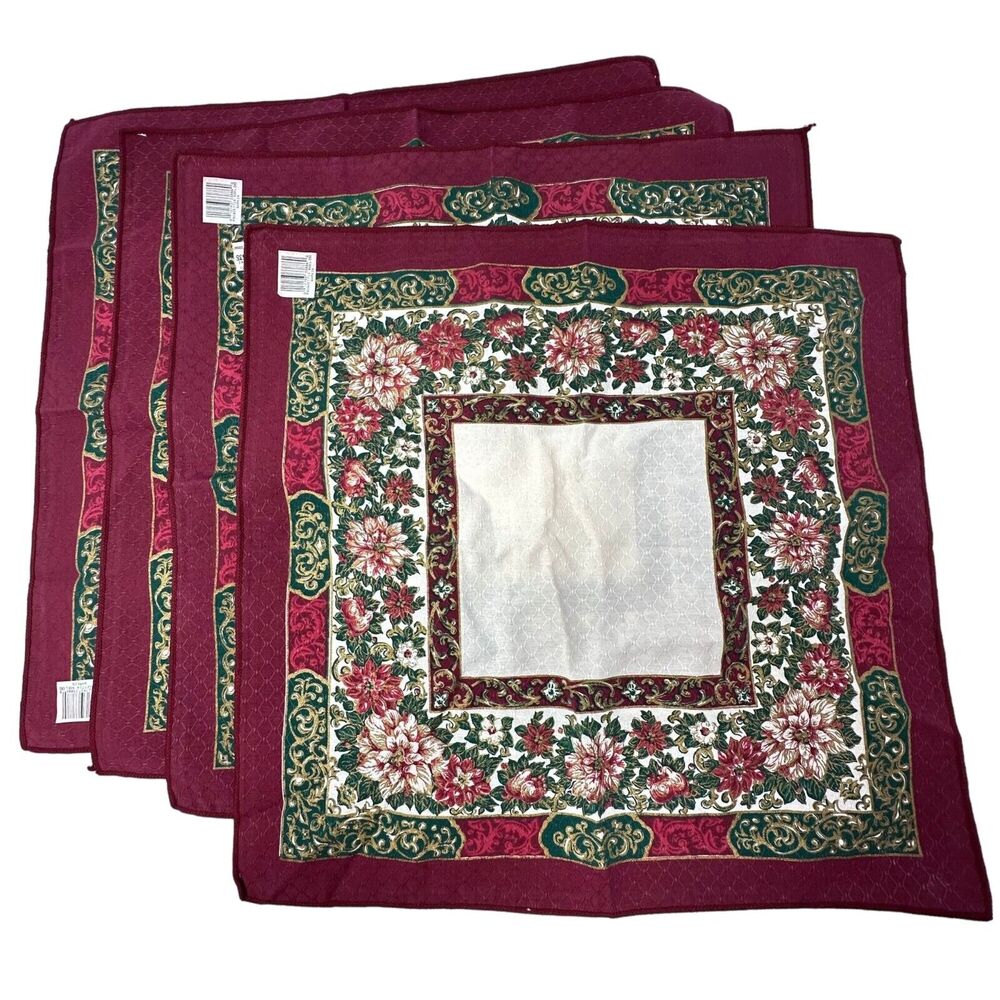 Christmas Poinsettia Noel Cloth Dinner Napkins Floral Square 17x17 Holiday Table